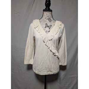 August Silk Women's Cream Silk Ruffle Wrap V-Neck Knit Top 3/4 Sleeve Size Large